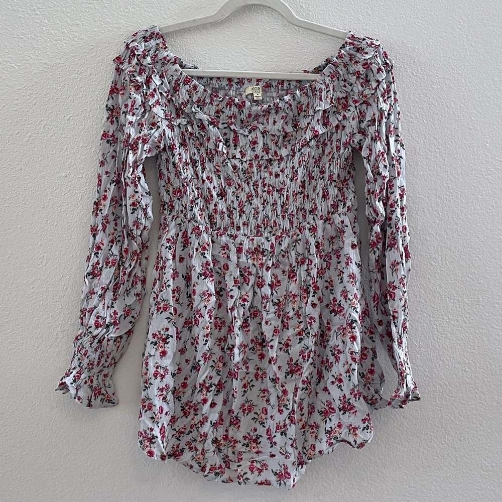 Foral ruched off the shoulder babydoll top